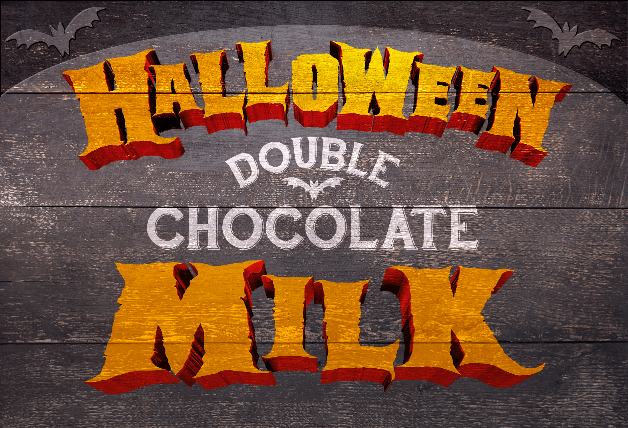 Dark wood sign that says, "Halloween Double chocolate Milk"