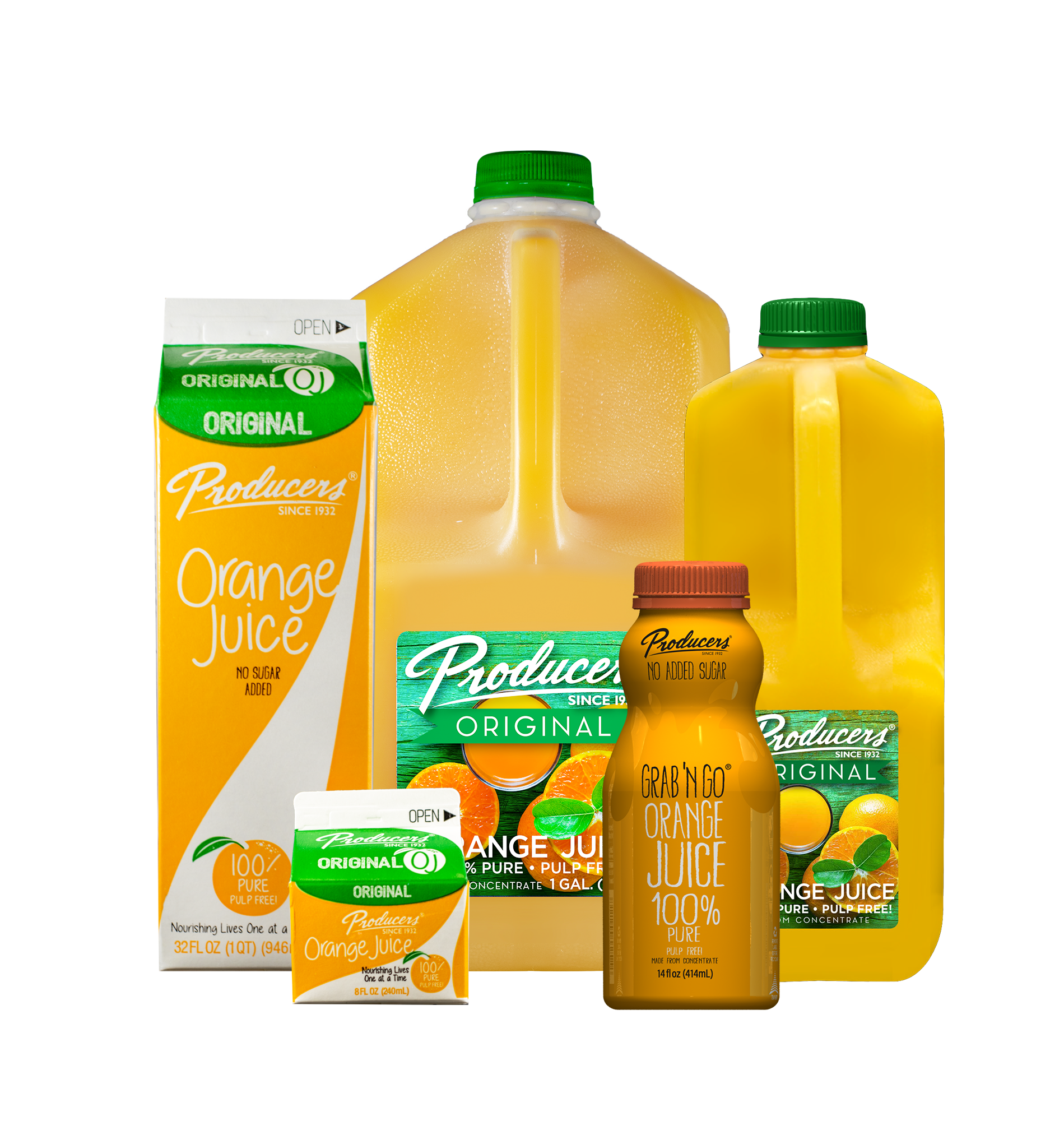 Producers Orange Juice Family: Gallon, Half Gallon, Quart, Grab N Go, 8 fluid ounces.